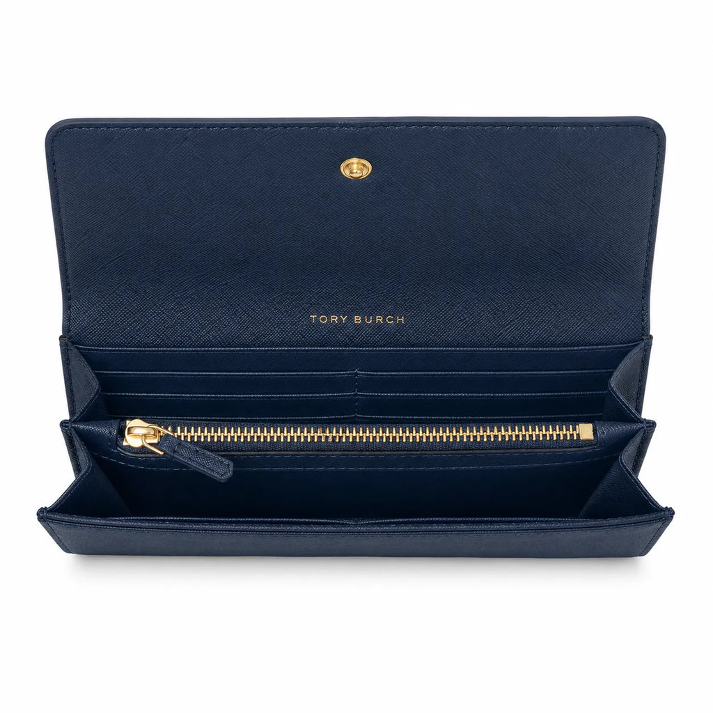 Tory Burch Robinson Navy Blue Saffiano Leather Handbag with Multiple Card Slots and Zippered Coin Purse  Women's Foldable Clutch