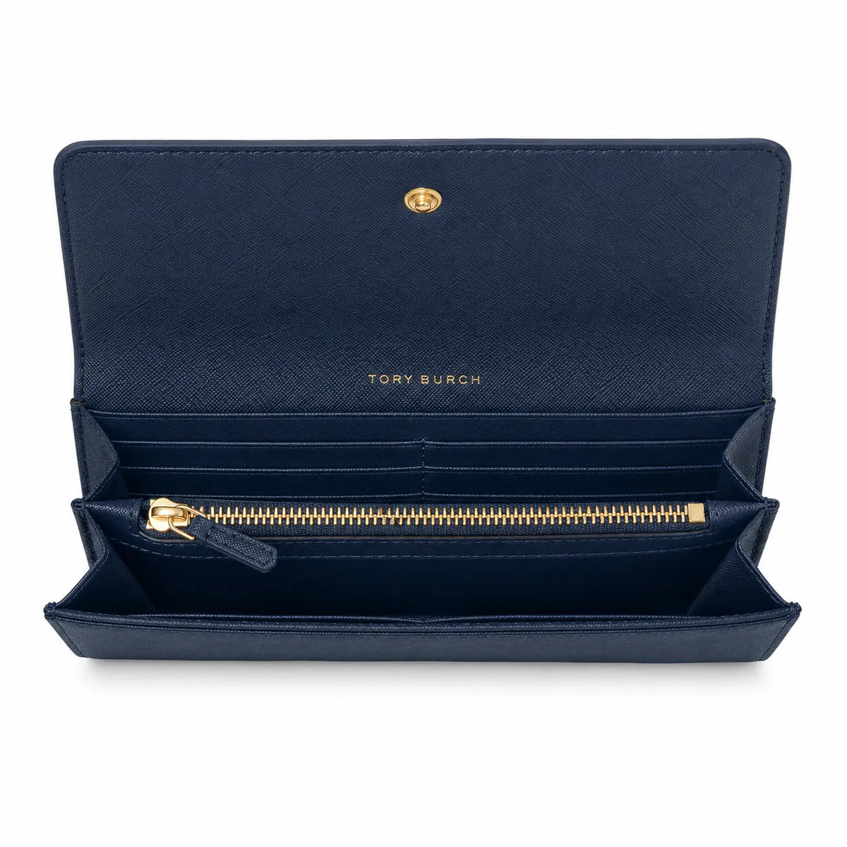 Tory Burch Robinson Navy Blue Saffiano Leather Handbag with Multiple Card Slots and Zippered Coin Purse  Women's Foldable Clutch