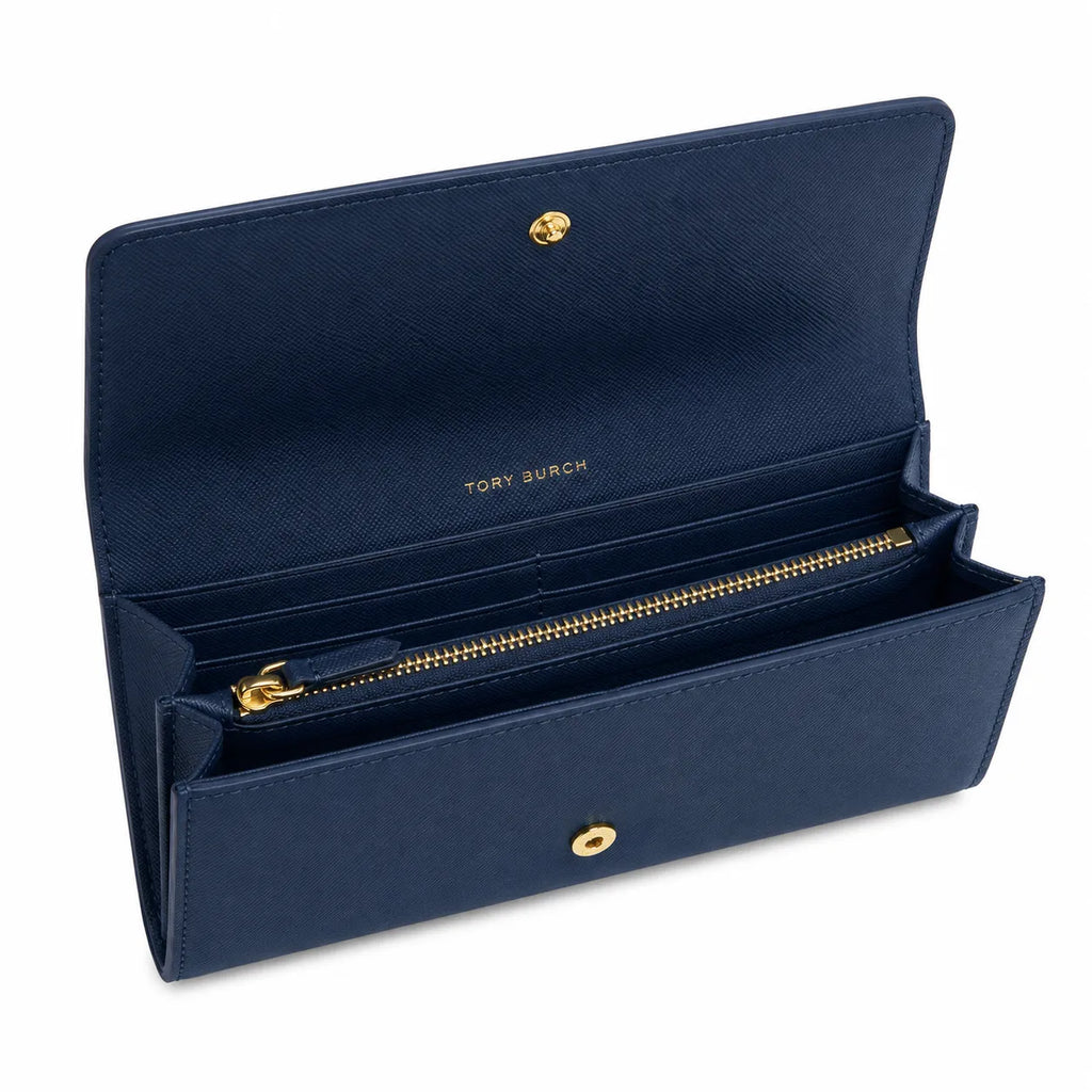 Tory Burch Robinson Navy Blue Saffiano Leather Handbag with Multiple Card Slots and Zippered Coin Purse  Women's Foldable Clutch
