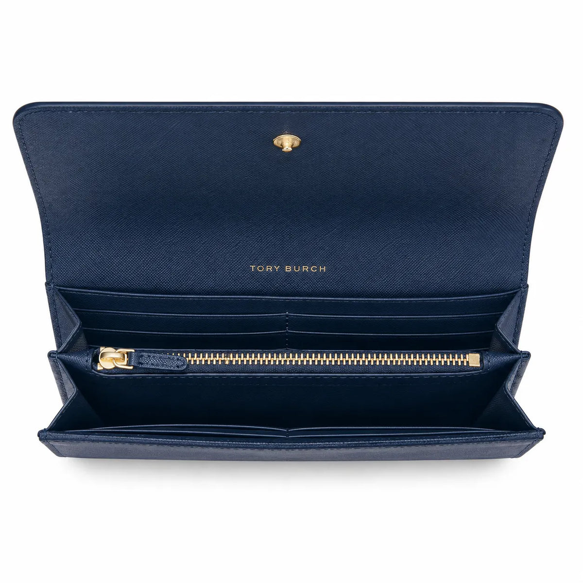Tory Burch Robinson Navy Blue Saffiano Leather Handbag with Multiple Card Slots and Zippered Coin Purse  Women's Foldable Clutch