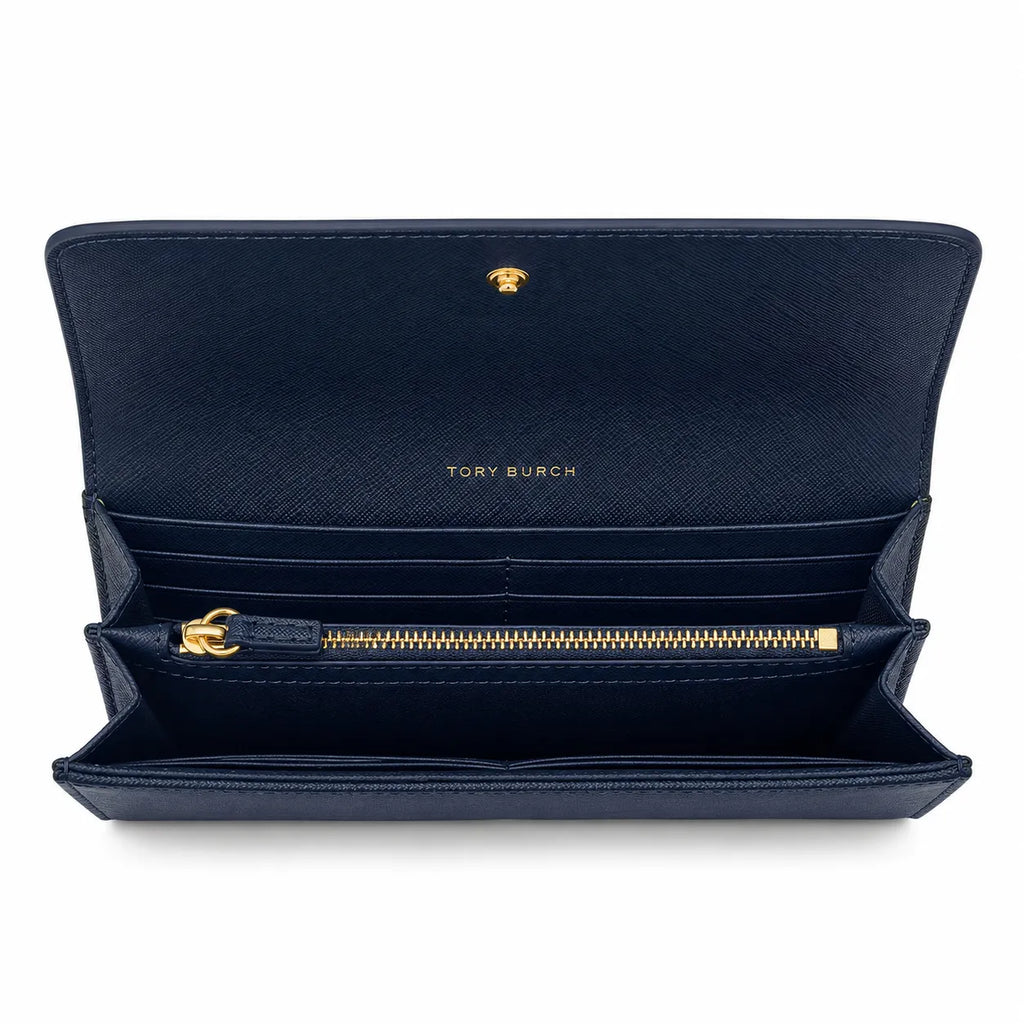 Tory Burch Robinson Navy Blue Saffiano Leather Handbag with Multiple Card Slots and Zippered Coin Purse  Women's Foldable Clutch
