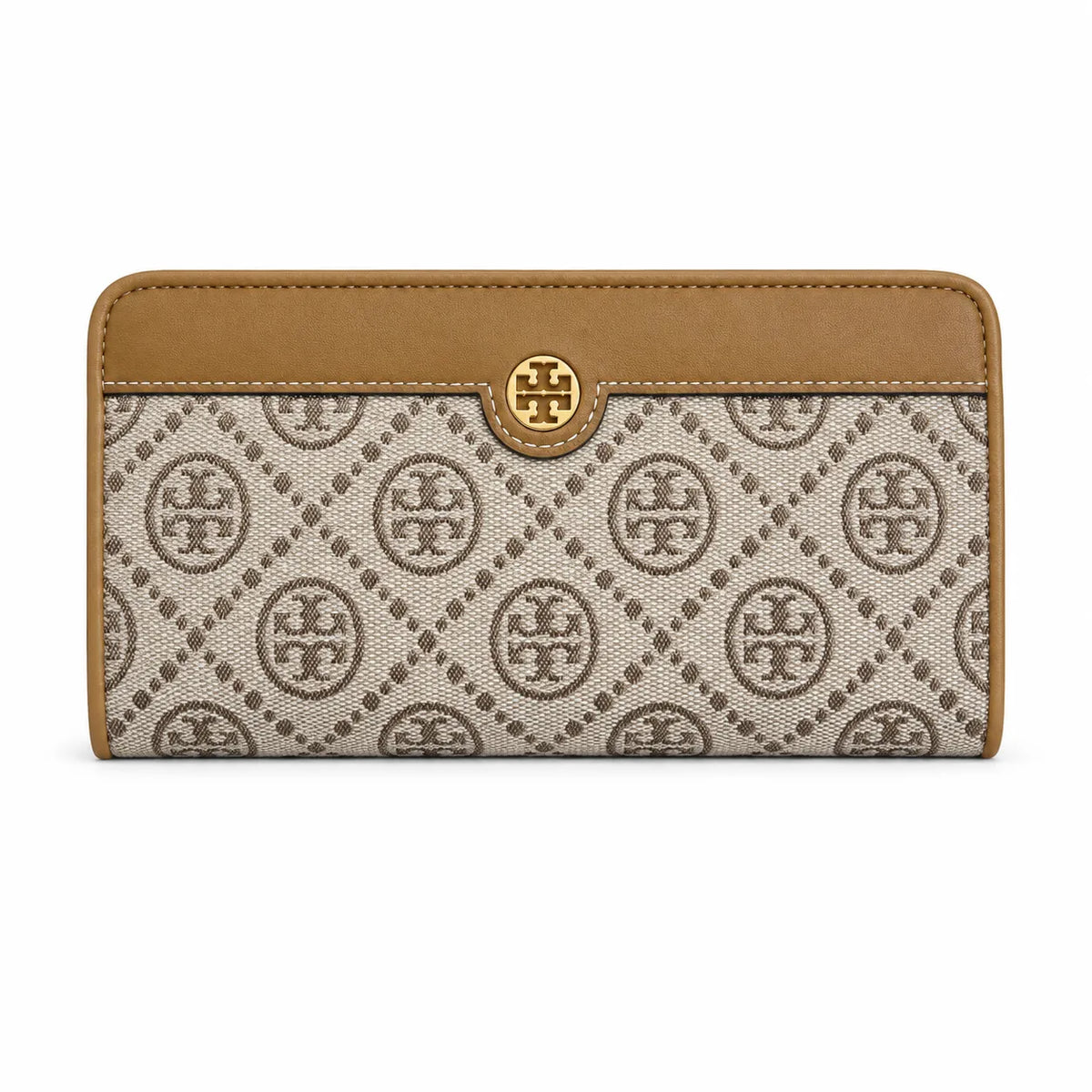 Tory Burch T Monogram Navy Blue and Beige Jacquard Fabric Multi-Card Slots and Back Zip Pocket Women's Foldable Clutch