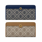 Tory Burch T Monogram Navy Blue and Beige Jacquard Fabric Multi-Card Slots and Back Zip Pocket Women's Foldable Clutch