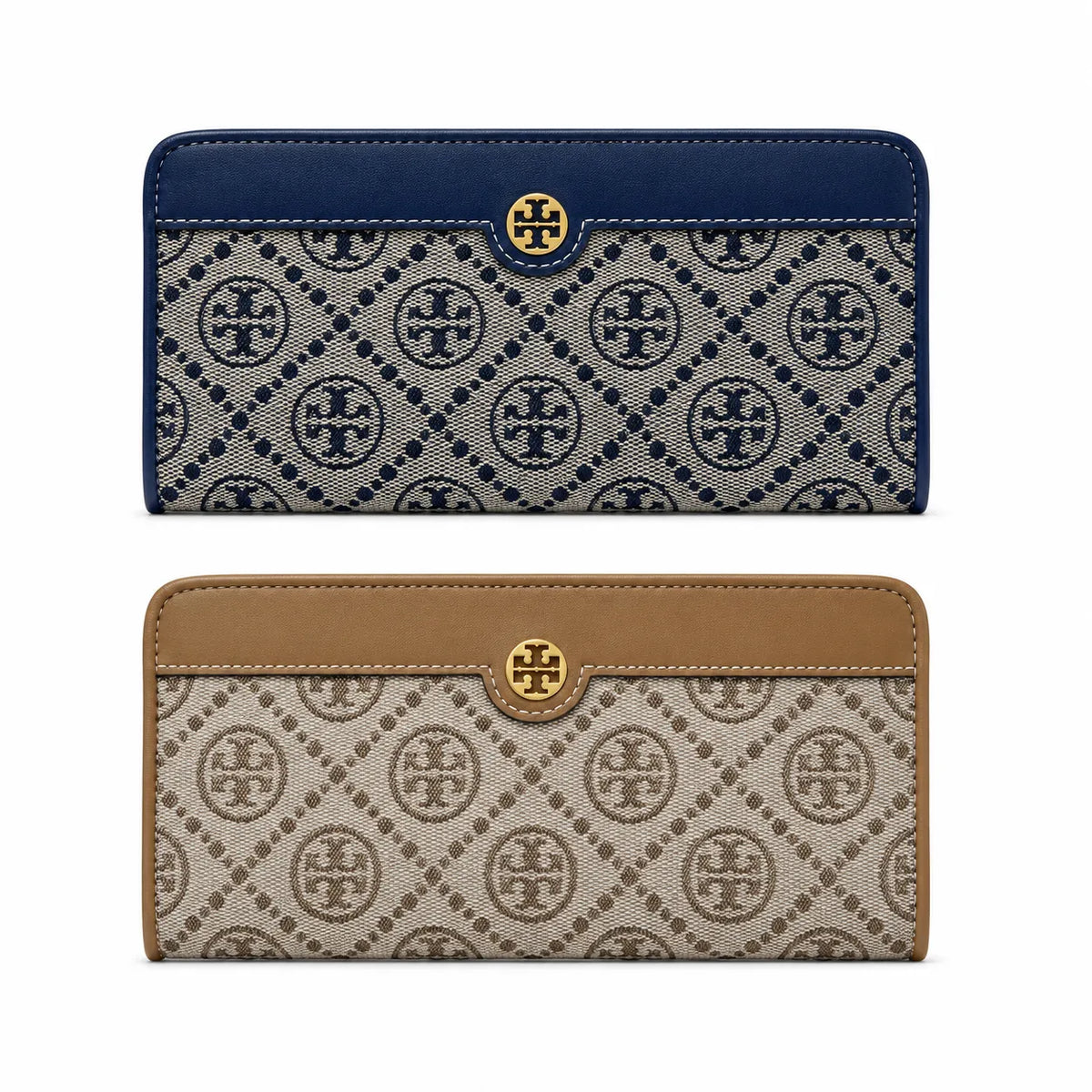 Tory Burch T Monogram Navy Blue and Beige Jacquard Fabric Multi-Card Slots and Back Zip Pocket Women's Foldable Clutch