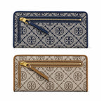 Tory Burch T Monogram Navy Blue and Beige Jacquard Fabric Multi-Card Slots and Back Zip Pocket Women's Foldable Clutch