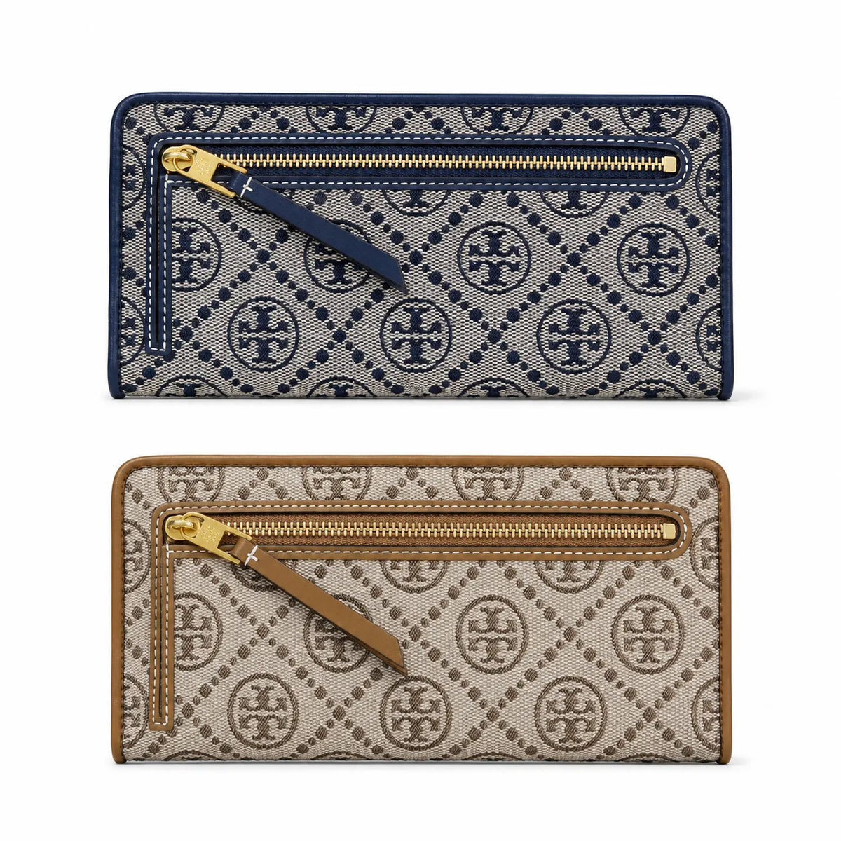 Tory Burch T Monogram Navy Blue and Beige Jacquard Fabric Multi-Card Slots and Back Zip Pocket Women's Foldable Clutch