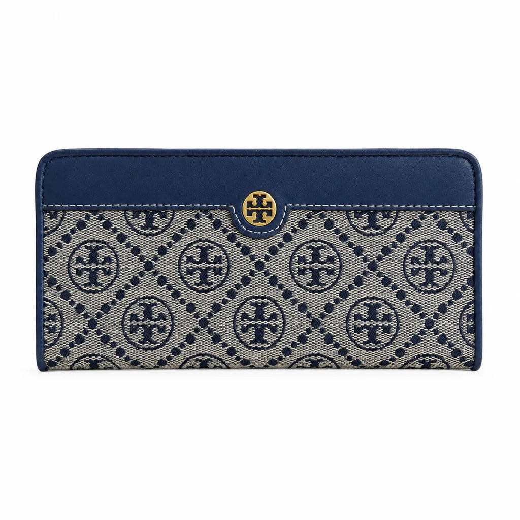 Tory Burch T Monogram Navy Blue and Beige Jacquard Fabric Multi-Card Slots and Back Zip Pocket Women's Foldable Clutch