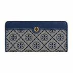 Tory Burch T Monogram Navy Blue and Beige Jacquard Fabric Multi-Card Slots and Back Zip Pocket Women's Foldable Clutch