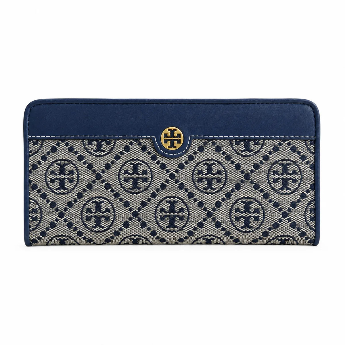 Tory Burch T Monogram Navy Blue and Beige Jacquard Fabric Multi-Card Slots and Back Zip Pocket Women's Foldable Clutch