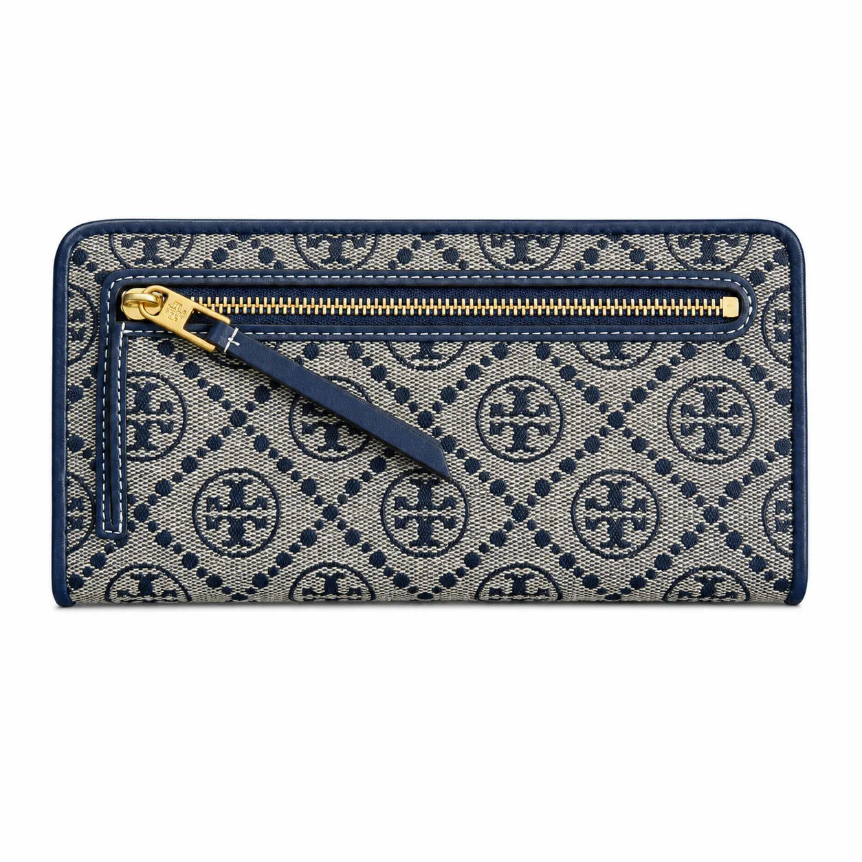 Tory Burch T Monogram Navy Blue and Beige Jacquard Fabric Multi-Card Slots and Back Zip Pocket Women's Foldable Clutch