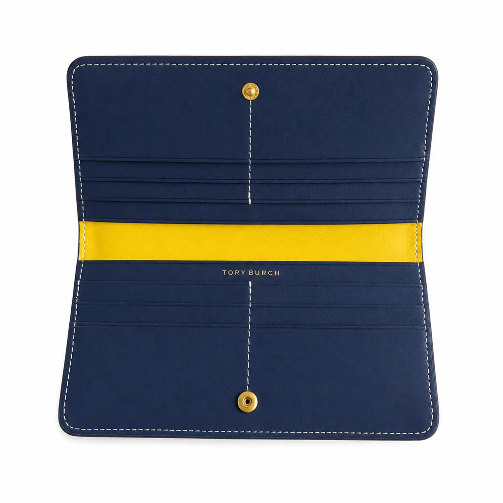 Tory Burch T Monogram Navy Blue and Beige Jacquard Fabric Multi-Card Slots and Back Zip Pocket Women's Foldable Clutch