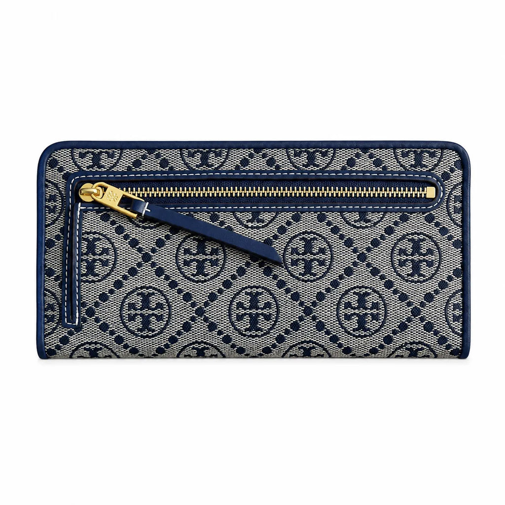 Tory Burch T Monogram Navy Blue and Beige Jacquard Fabric Multi-Card Slots and Back Zip Pocket Women's Foldable Clutch