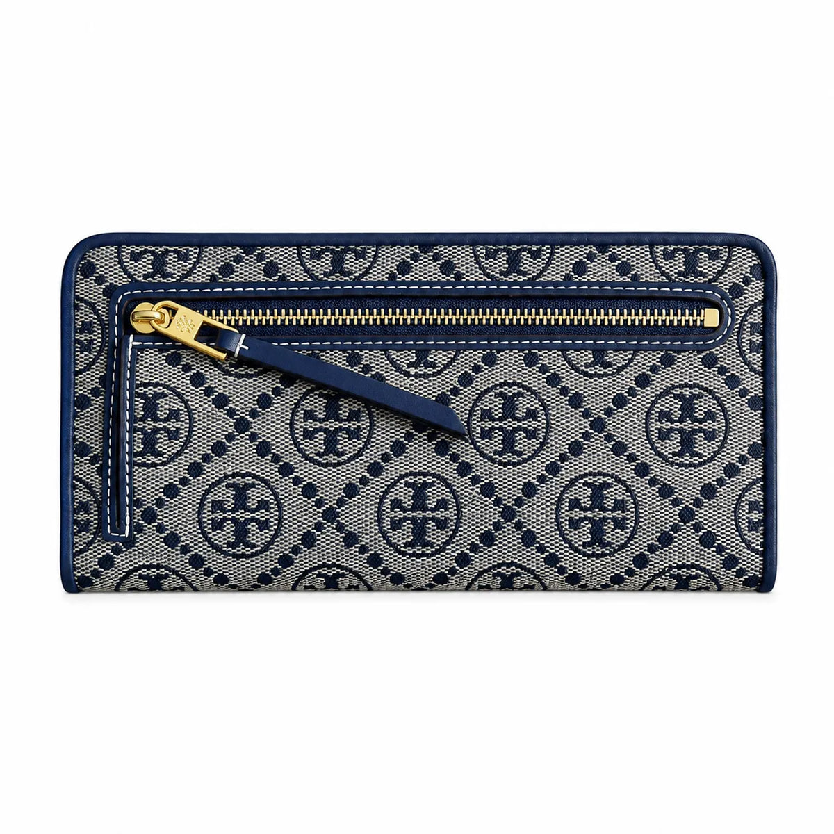 Tory Burch T Monogram Navy Blue and Beige Jacquard Fabric Multi-Card Slots and Back Zip Pocket Women's Foldable Clutch