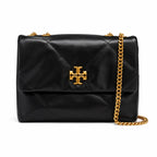 Tory Burch Kira in black calfskin with a gold double-T adjustable chain shoulder strap offering multiple carrying options for women