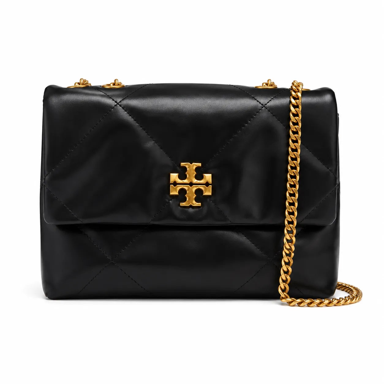 Tory Burch Kira in black calfskin with a gold double-T adjustable chain shoulder strap offering multiple carrying options for women
