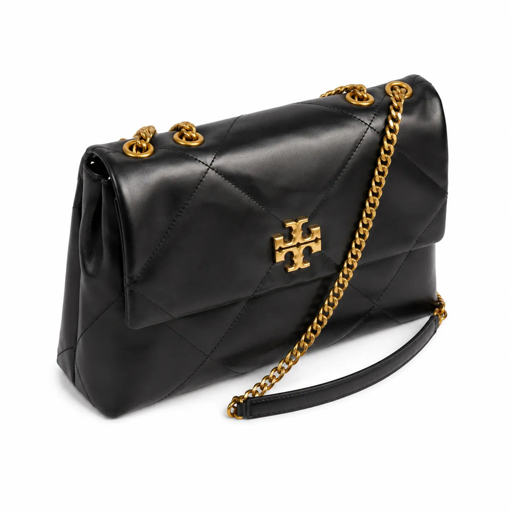 Tory Burch Kira in black calfskin with a gold double-T adjustable chain shoulder strap offering multiple carrying options for women