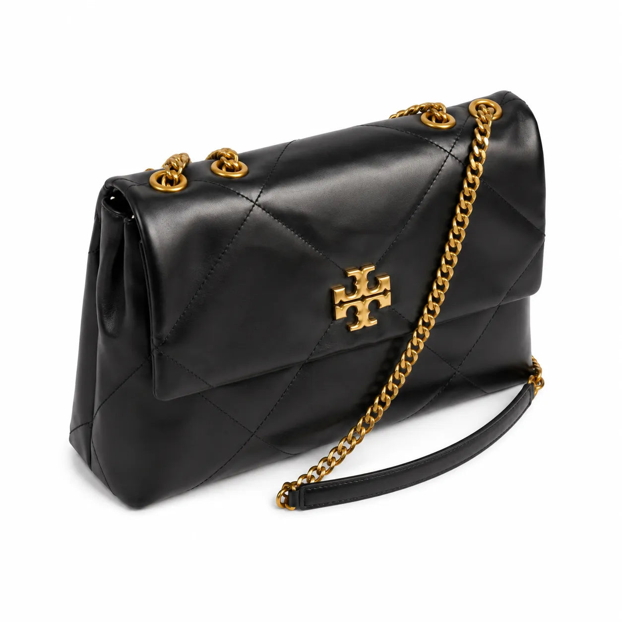 Tory Burch Kira in black calfskin with a gold double-T adjustable chain shoulder strap offering multiple carrying options for women