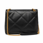 Tory Burch Kira in black calfskin with a gold double-T adjustable chain shoulder strap offering multiple carrying options for women