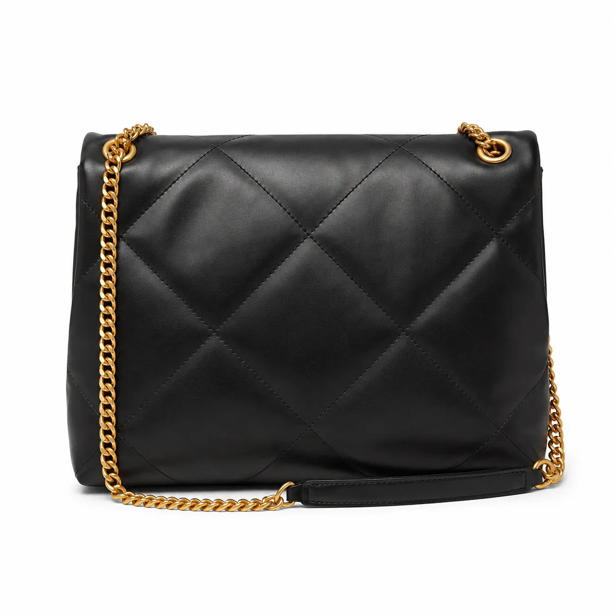 Tory Burch Kira in black calfskin leather with a gold-tone square adjustable chain shoulder strap offering multiple carrying options for women