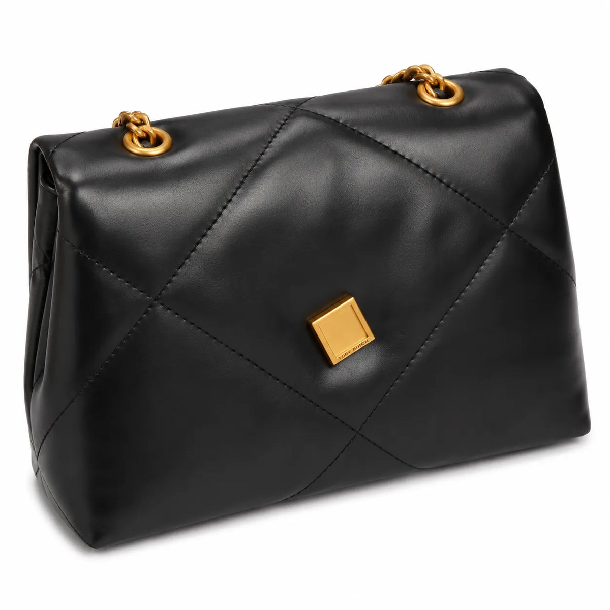 Tory Burch Kira in black calfskin with a gold double-T adjustable chain shoulder strap offering multiple carrying options for women
