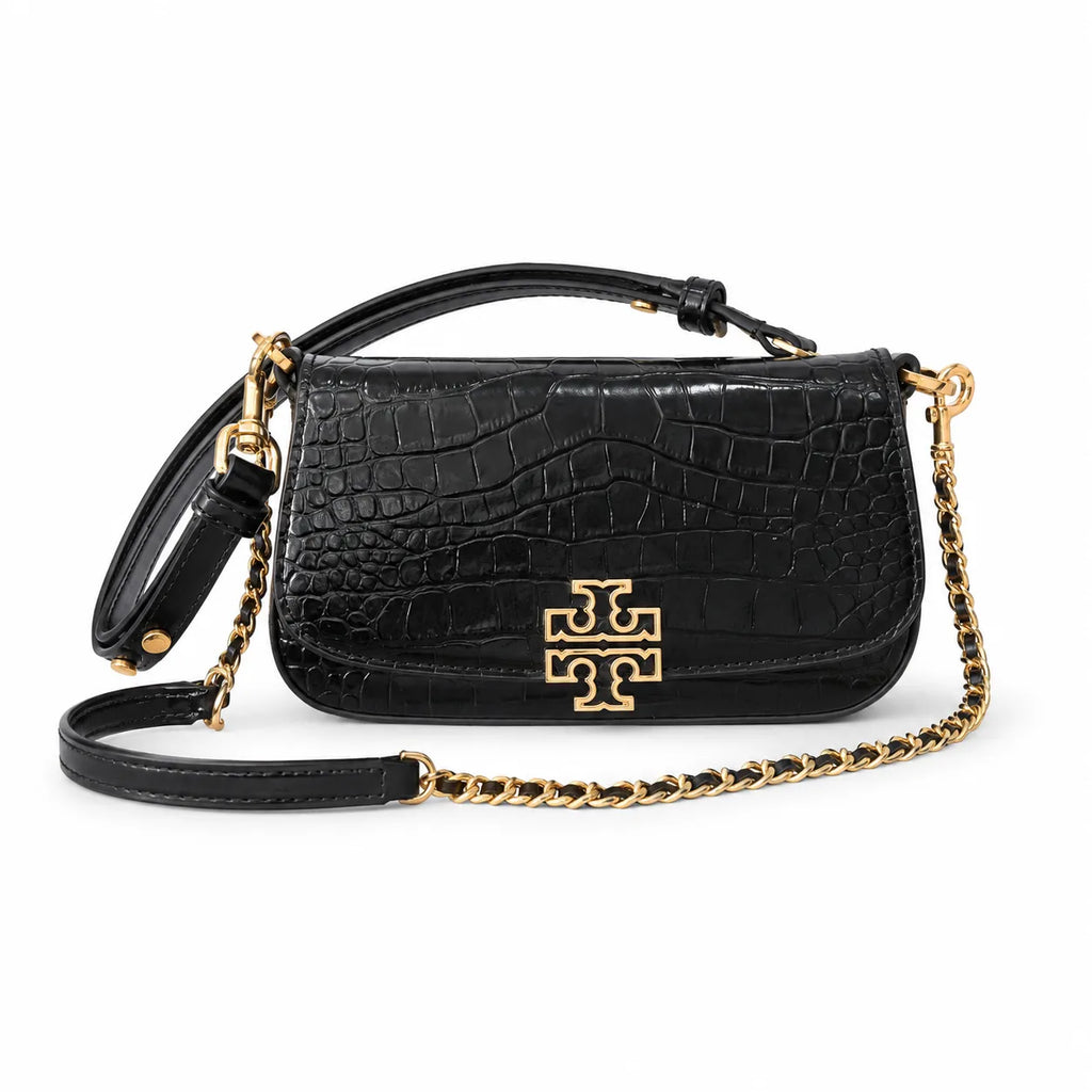 Tory Burch Britten black leather detachable chain shoulder strap multiple carrying options for women