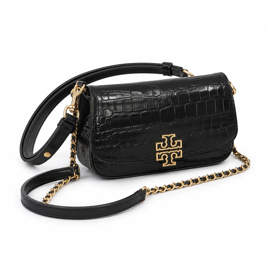 Tory Burch Britten black leather detachable chain shoulder strap multiple carrying options for women