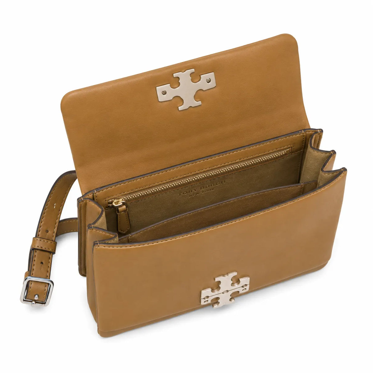 Tory Burch Eleanor wheatgrass green with silver double T adjustable shoulder straps offering multiple carrying options for women