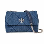 Tory Burch Kira navy blue denim with a silver double-T gold twisted chain shoulder strap offering multiple carrying options for women