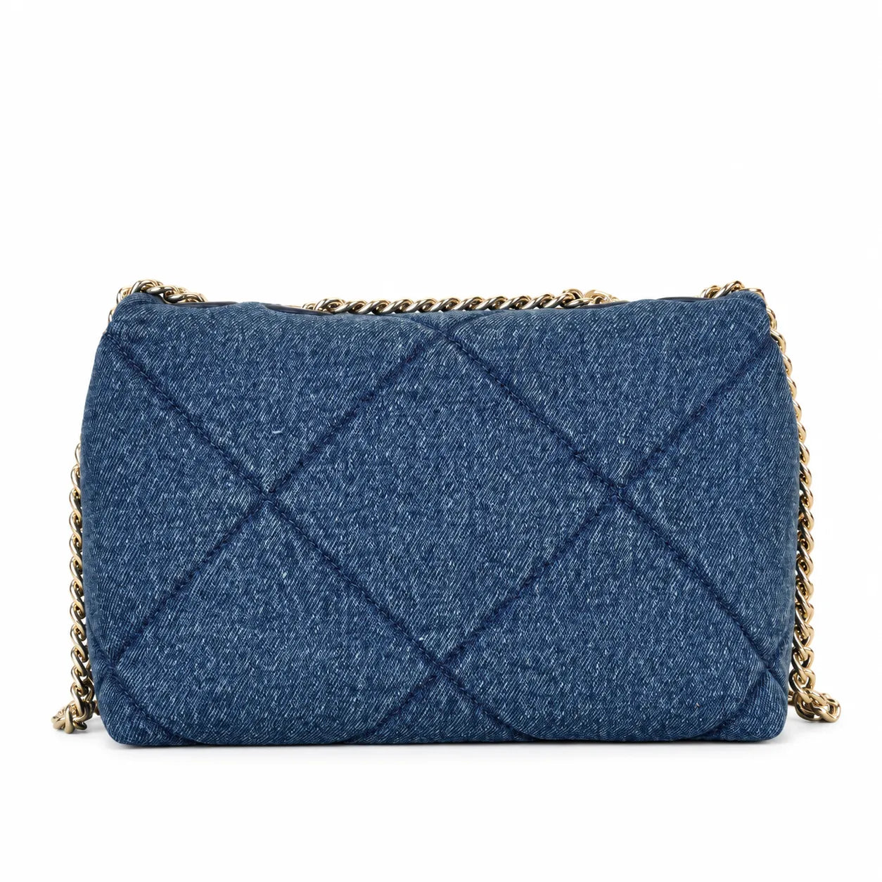 Tory Burch Kira navy blue denim with a silver double-T gold twisted chain shoulder strap offering multiple carrying options for women
