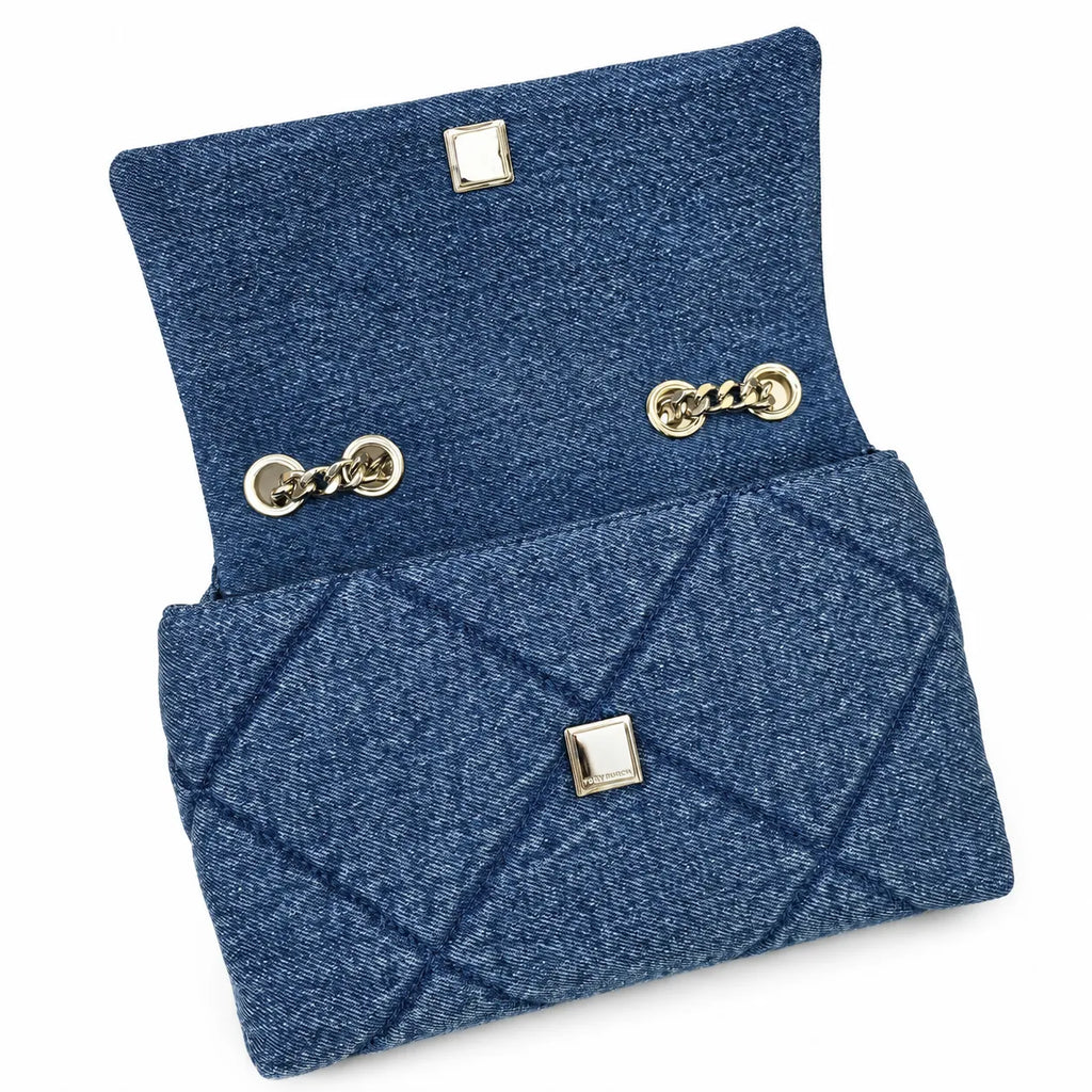 Tory Burch Kira navy blue denim with a silver double-T gold twisted chain shoulder strap offering multiple carrying options for women