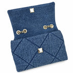 Tory Burch Kira navy blue denim with a silver double-T gold twisted chain shoulder strap offering multiple carrying options for women