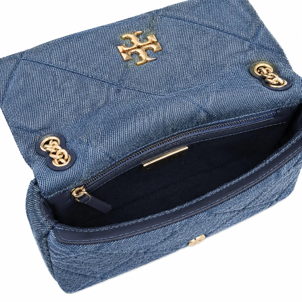 Tory Burch Kira navy blue denim with a silver double-T gold twisted chain shoulder strap offering multiple carrying options for women