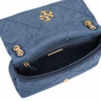 Tory Burch Kira navy blue denim with a silver double-T gold twisted chain shoulder strap offering multiple carrying options for women