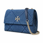 Tory Burch Kira navy blue denim with a silver double-T gold twisted chain shoulder strap offering multiple carrying options for women