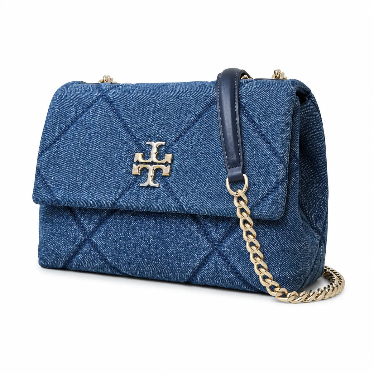 Tory Burch Kira navy blue denim with a silver double-T gold twisted chain shoulder strap offering multiple carrying options for women