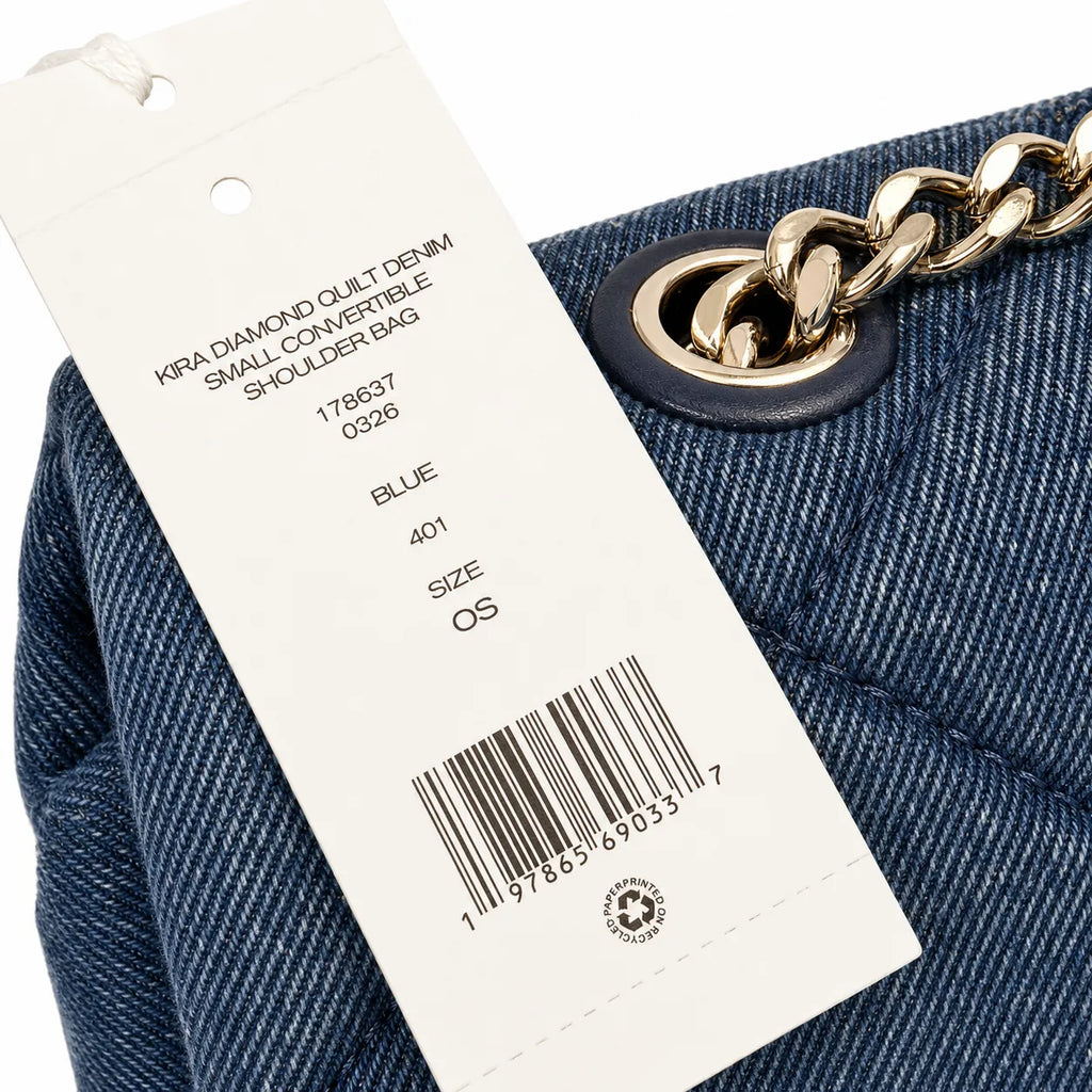 Tory Burch Kira navy blue denim with a silver double-T gold twisted chain shoulder strap offering multiple carrying options for women