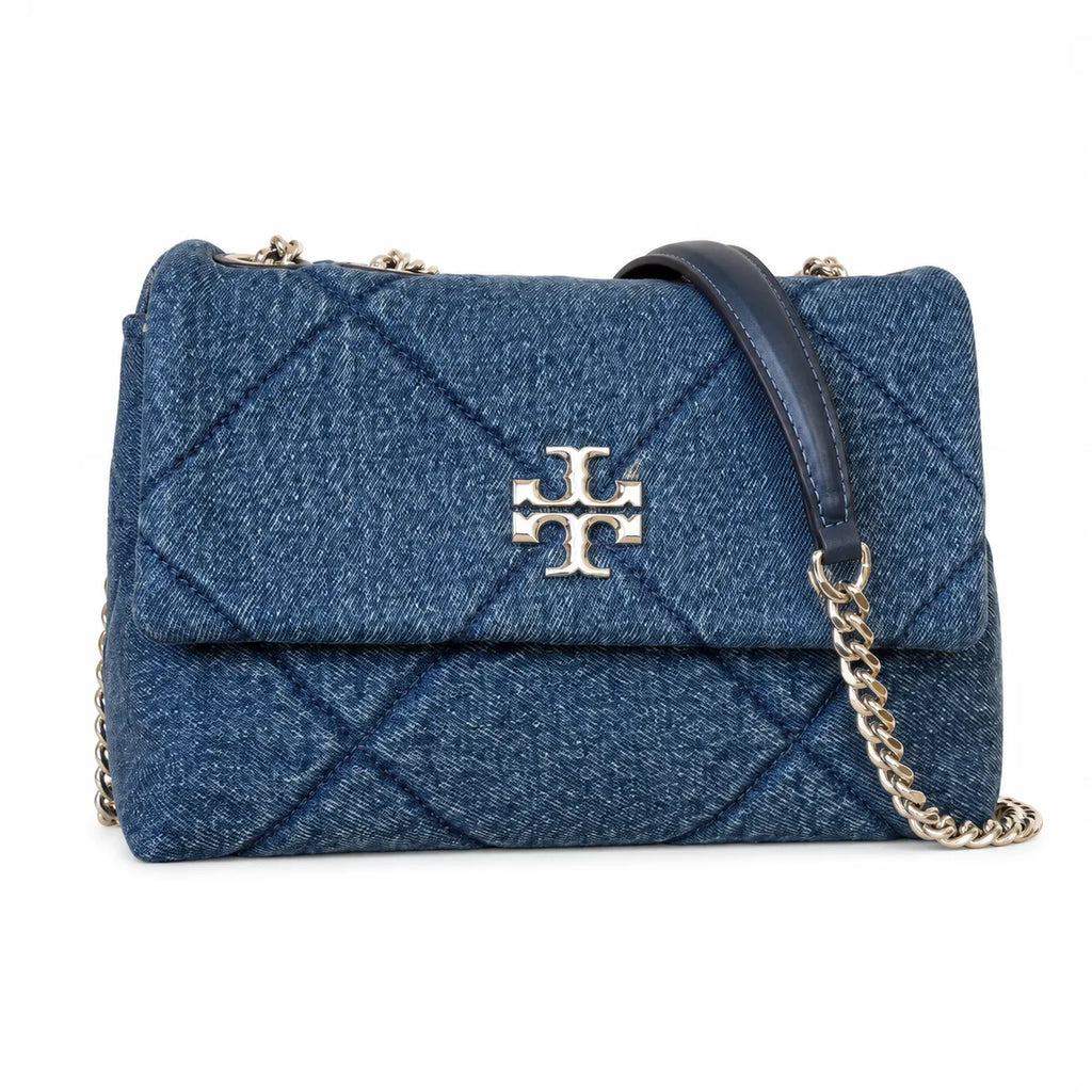 Tory Burch Kira navy blue denim with a silver double-T gold twisted chain shoulder strap offering multiple carrying options for women