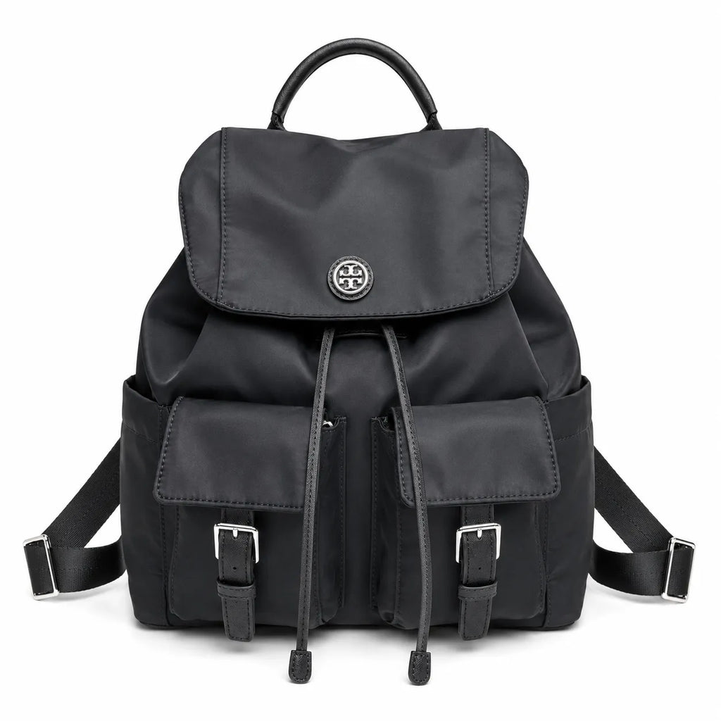 Tory Burch | Black adorned with a silver double-T logo and adjustable shoulder strap lightweight travel/commuter bag