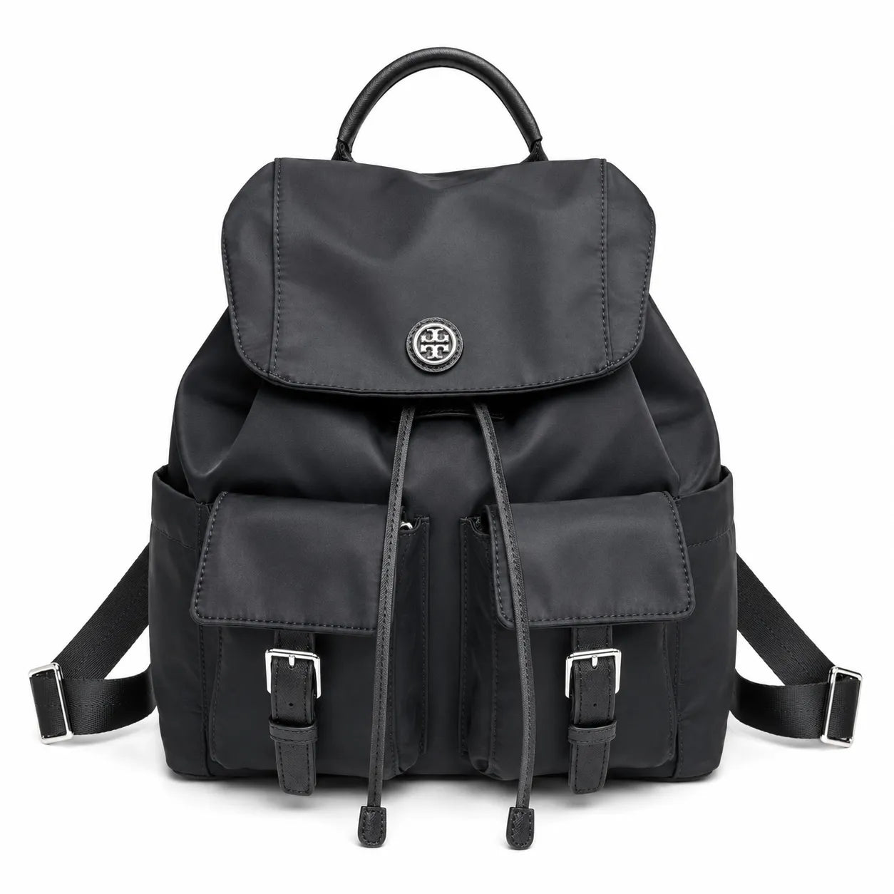 Tory Burch | Black adorned with a silver double-T logo and adjustable shoulder strap lightweight travel/commuter bag