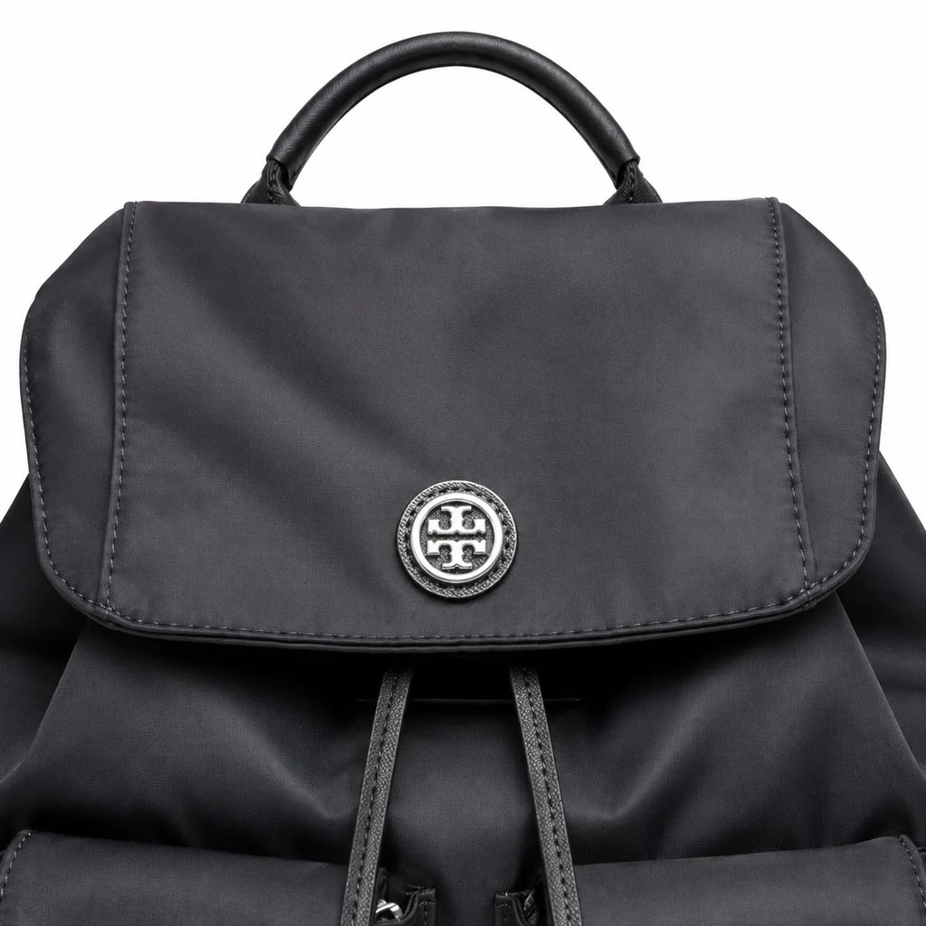 Tory Burch | Black adorned with a silver double-T logo and adjustable shoulder strap lightweight travel/commuter bag