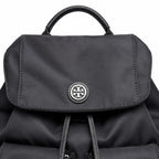 Tory Burch | Black adorned with a silver double-T logo and adjustable shoulder strap lightweight travel/commuter bag