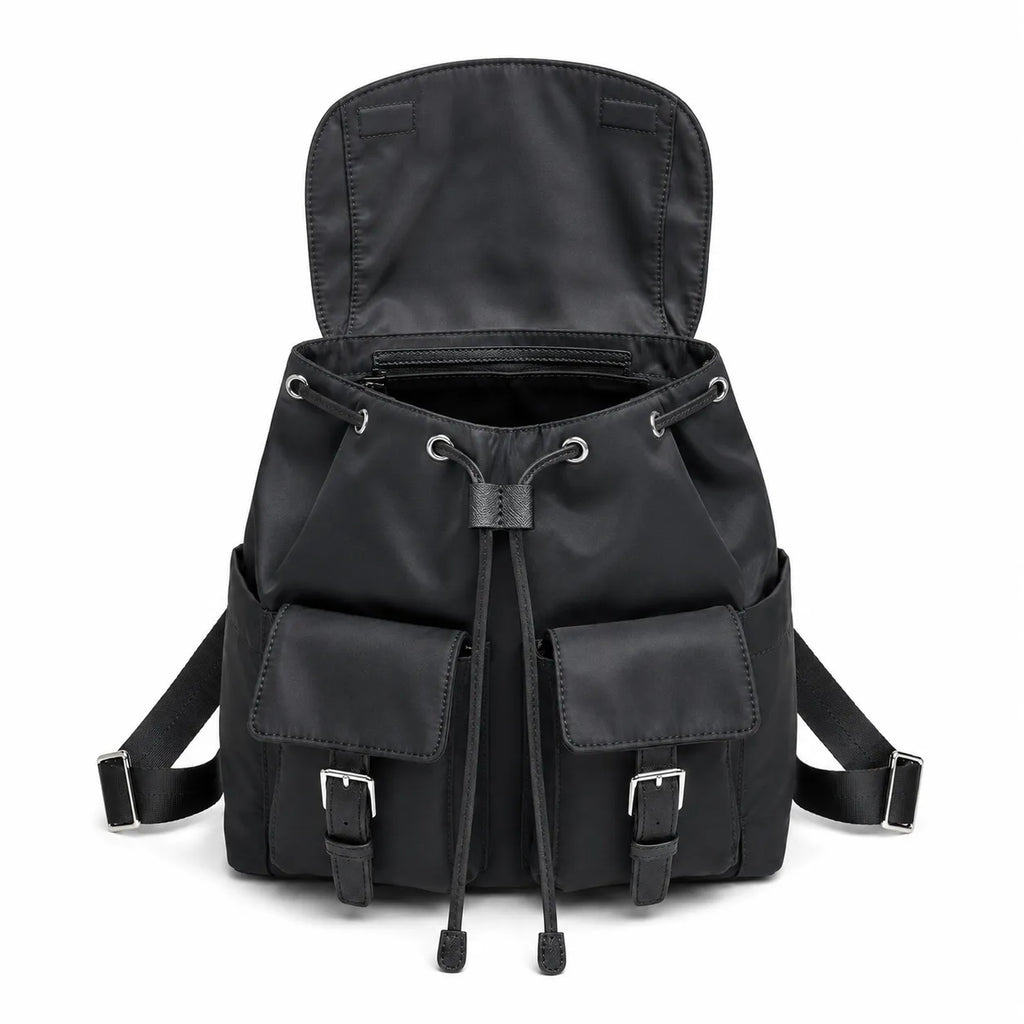 Tory Burch | Black adorned with a silver double-T logo and adjustable shoulder strap lightweight travel/commuter bag