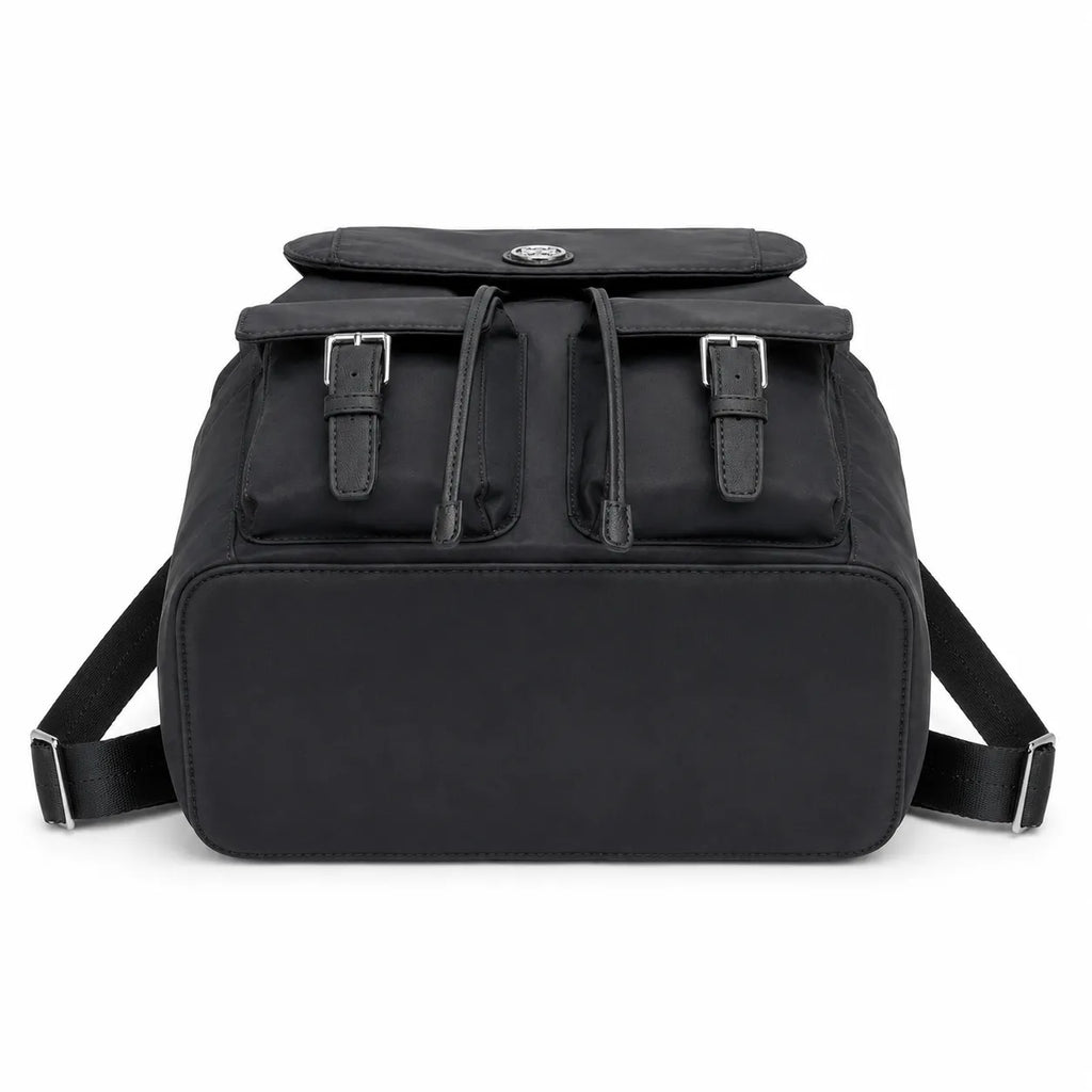 Tory Burch | Black adorned with a silver double-T logo and adjustable shoulder strap lightweight travel/commuter bag