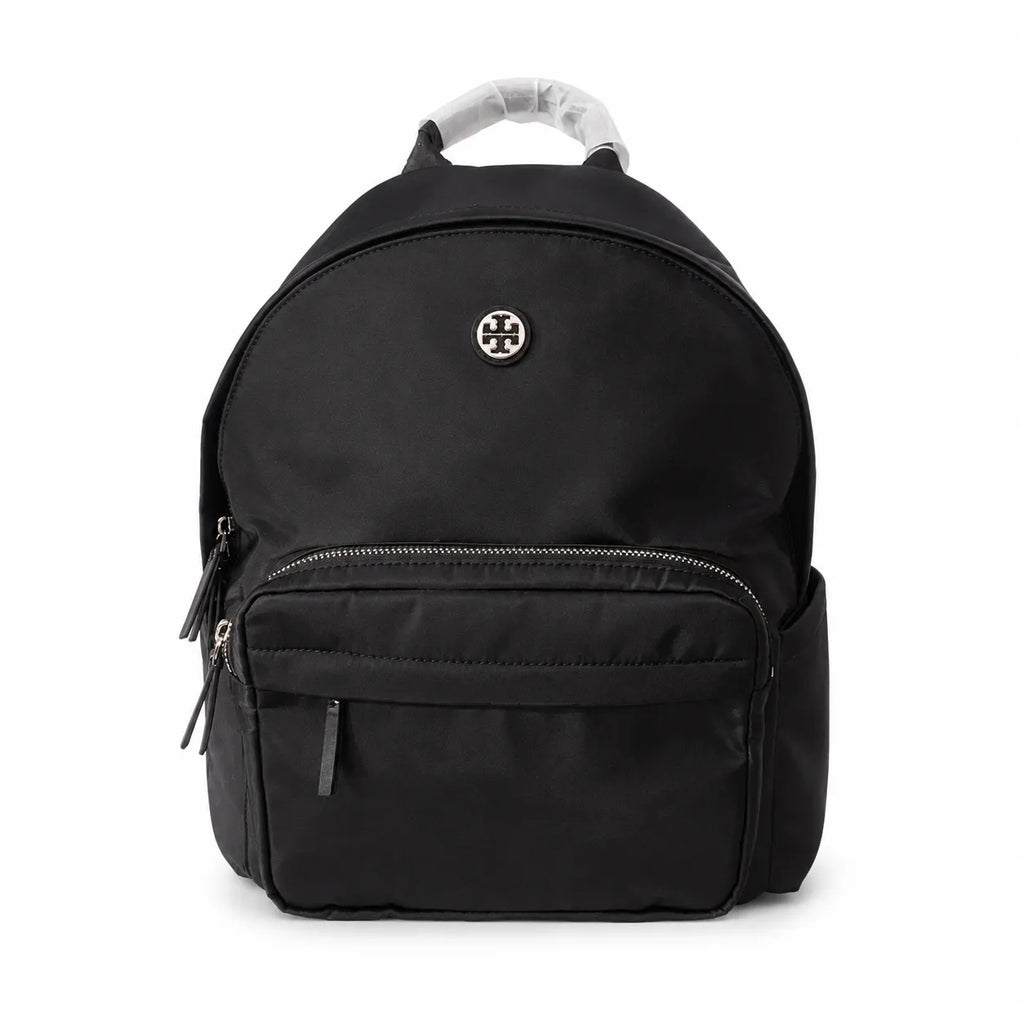 Tory Burch Ella a lightweight travel and commuter bag adorned with a silver double-T logo and an adjustable shoulder strap