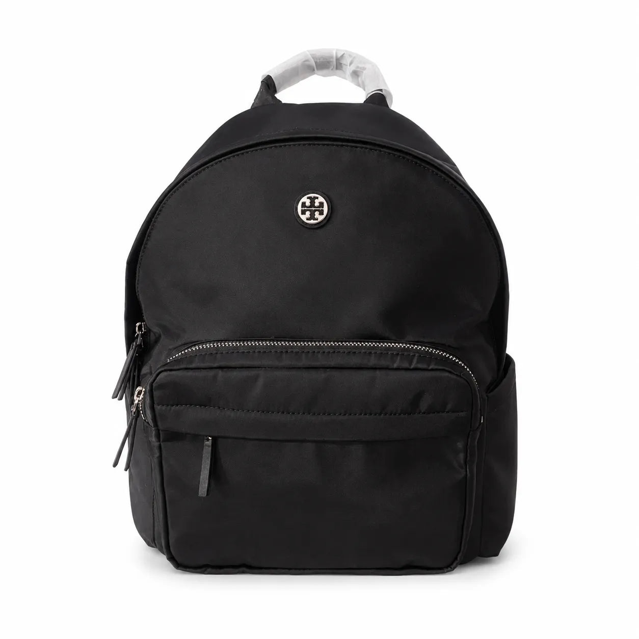 Tory Burch Ella a lightweight travel and commuter bag adorned with a silver double-T logo and an adjustable shoulder strap