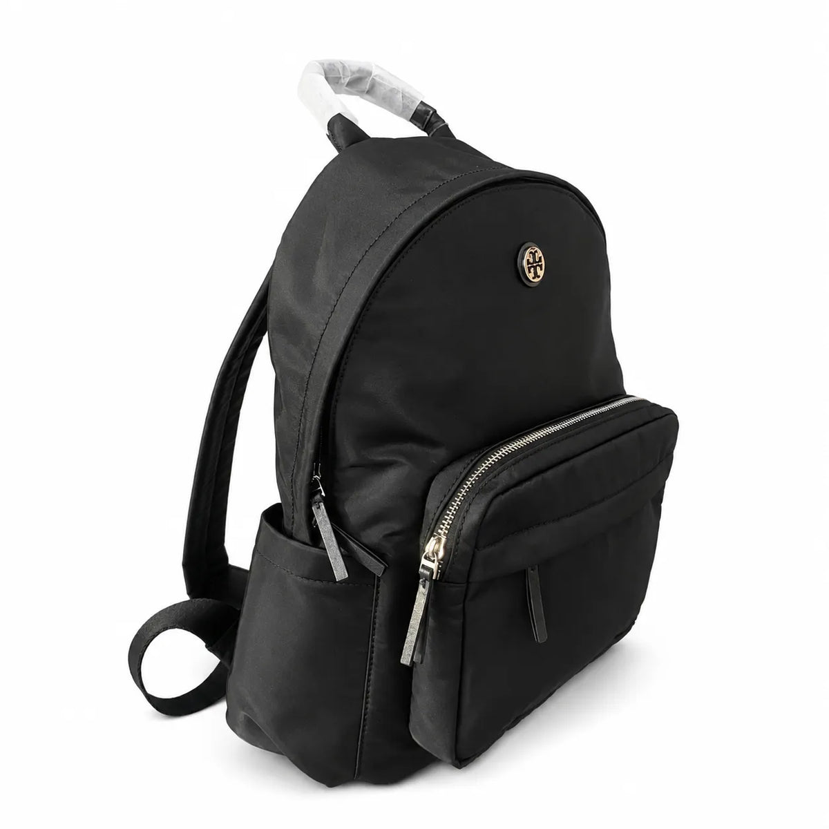 Tory Burch Ella a lightweight travel and commuter bag adorned with a silver double-T logo and an adjustable shoulder strap