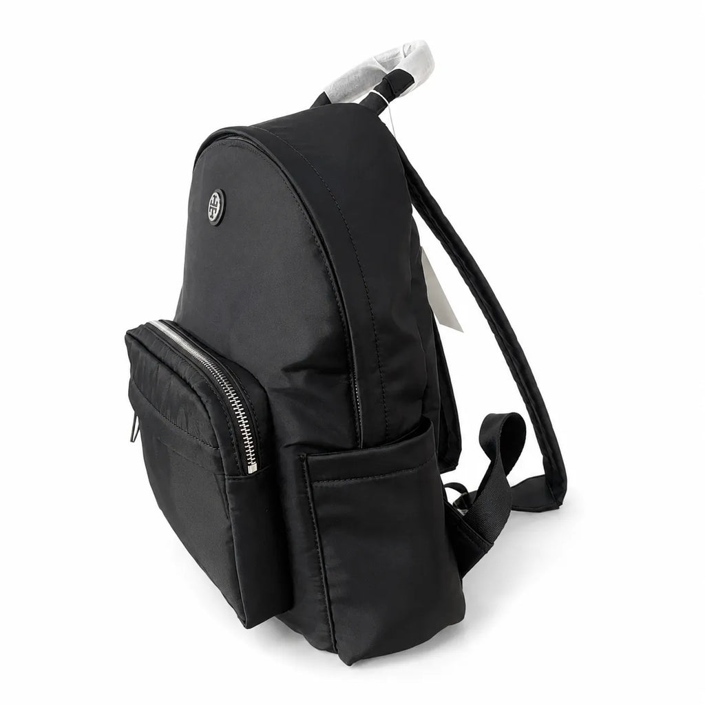 Tory Burch Ella a lightweight travel and commuter bag adorned with a silver double-T logo and an adjustable shoulder strap