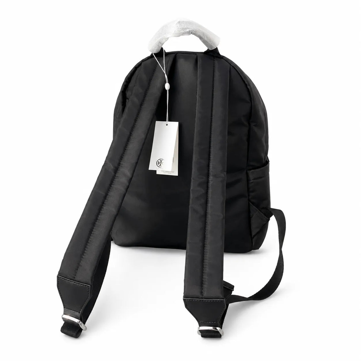 Tory Burch Ella a lightweight travel and commuter bag adorned with a silver double-T logo and an adjustable shoulder strap
