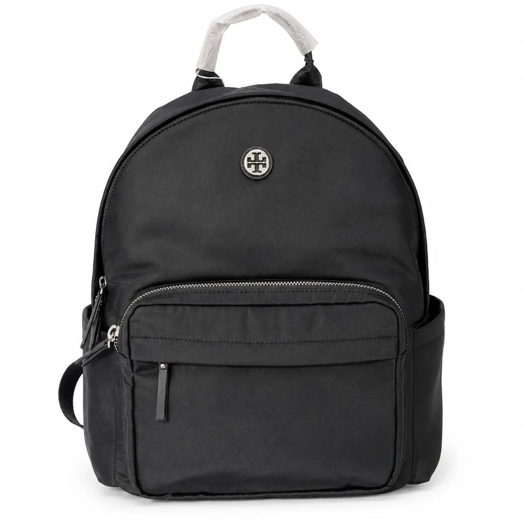 Tory Burch Ella a lightweight travel and commuter bag adorned with a silver double-T logo and an adjustable shoulder strap