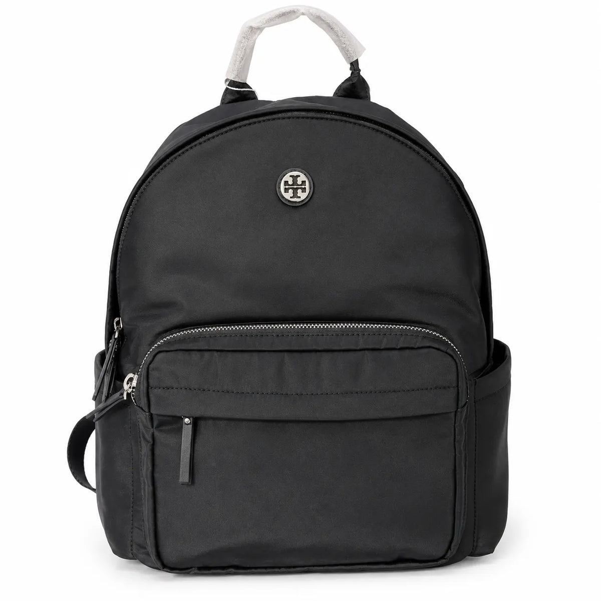 Tory Burch Ella a lightweight travel and commuter bag adorned with a silver double-T logo and an adjustable shoulder strap